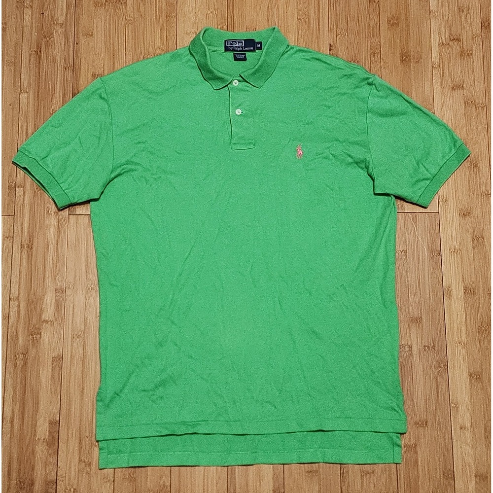 Vintage Polo Ralph Lauren Mens Medium Green Pink Pony Short Sleeve Polo Shirt